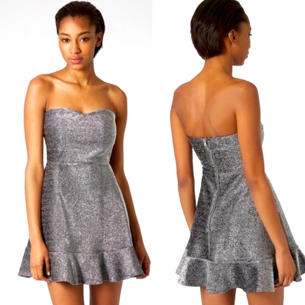 Topshop Silver Sparkly Frill Hem Strapless Dress